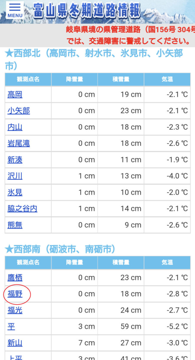 富山県冬期道路情報降積雪量一覧