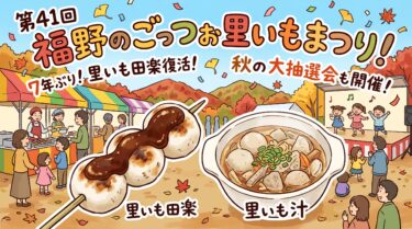 【南砺市イベント】第41回 福野のごっつぉ里いもまつり!7年ぶりの里いも田楽復活や秋の大抽選会など見どころ満載